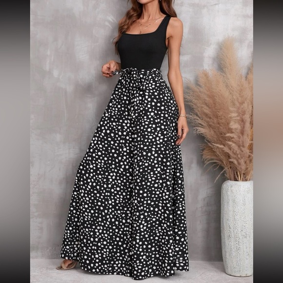 Boho polka dots wide leg belted cami jumpsuit - Picture 3 of 5